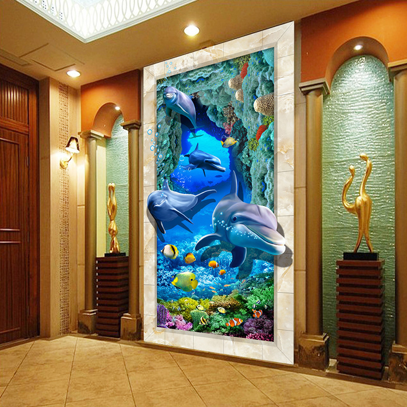 时尚电视墙瓷砖 海底世界3d海豚彩雕背景墙 客厅内墙砖 直销 玄关